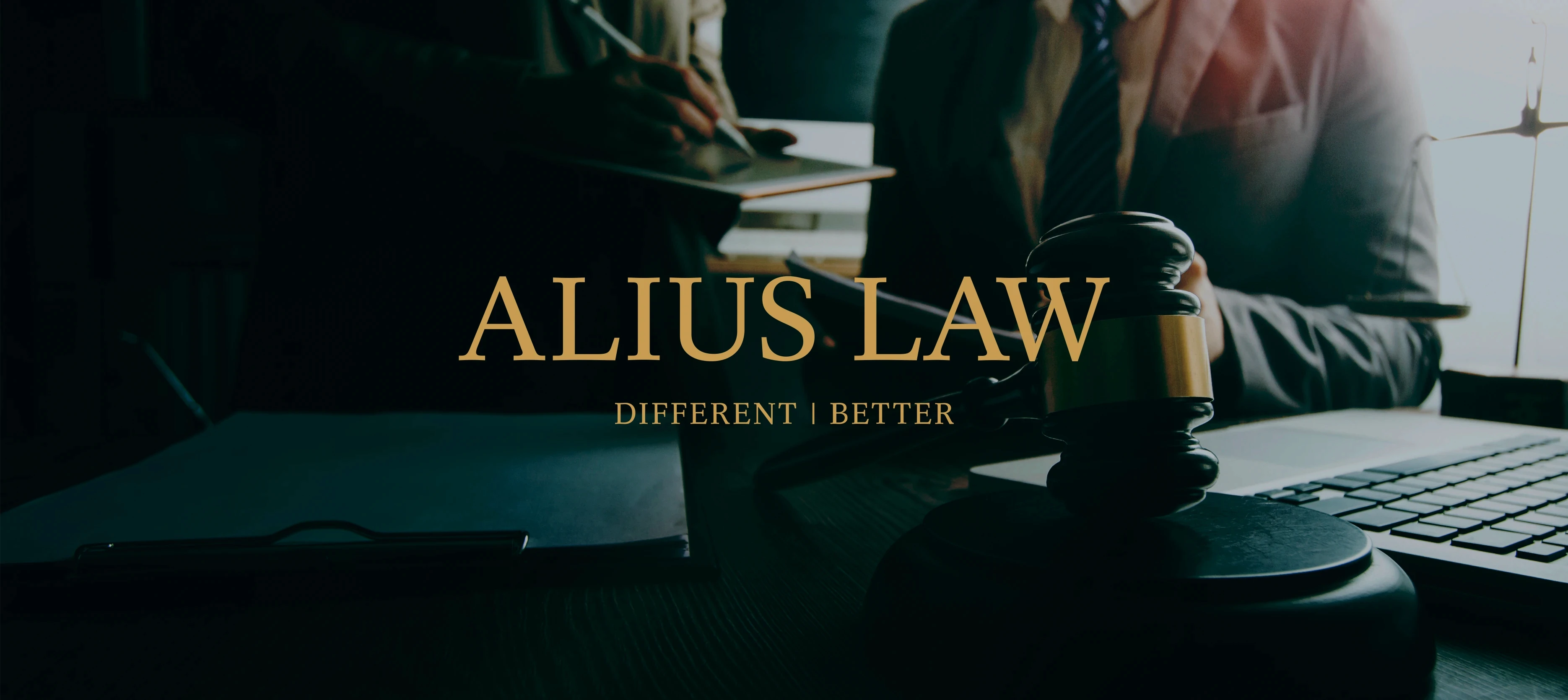 Alius Law brand revamp hero – gold typography “DIFFERENT | BETTER” with gavel on lawyer desk background, conveying authority in boutique aviation law by Teatime Studio.