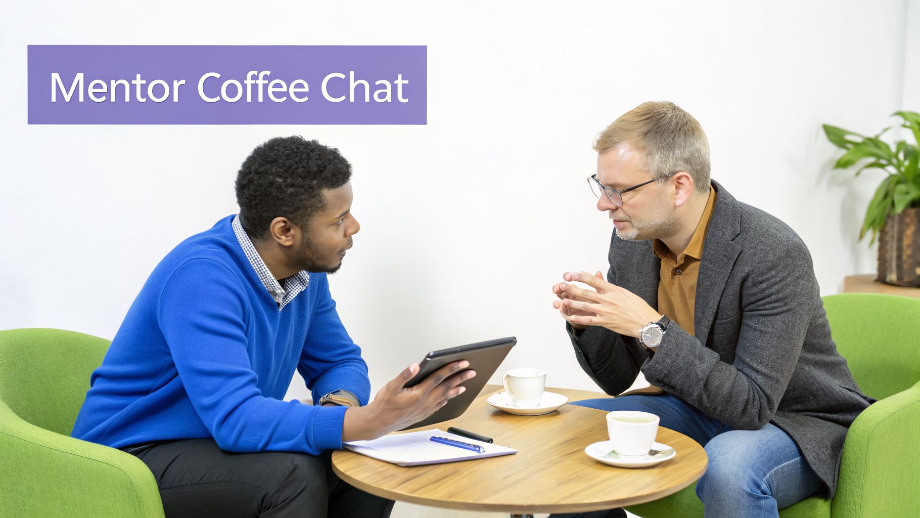 Two men having a mentor coffee chat, discussing something with a tablet and coffee.
