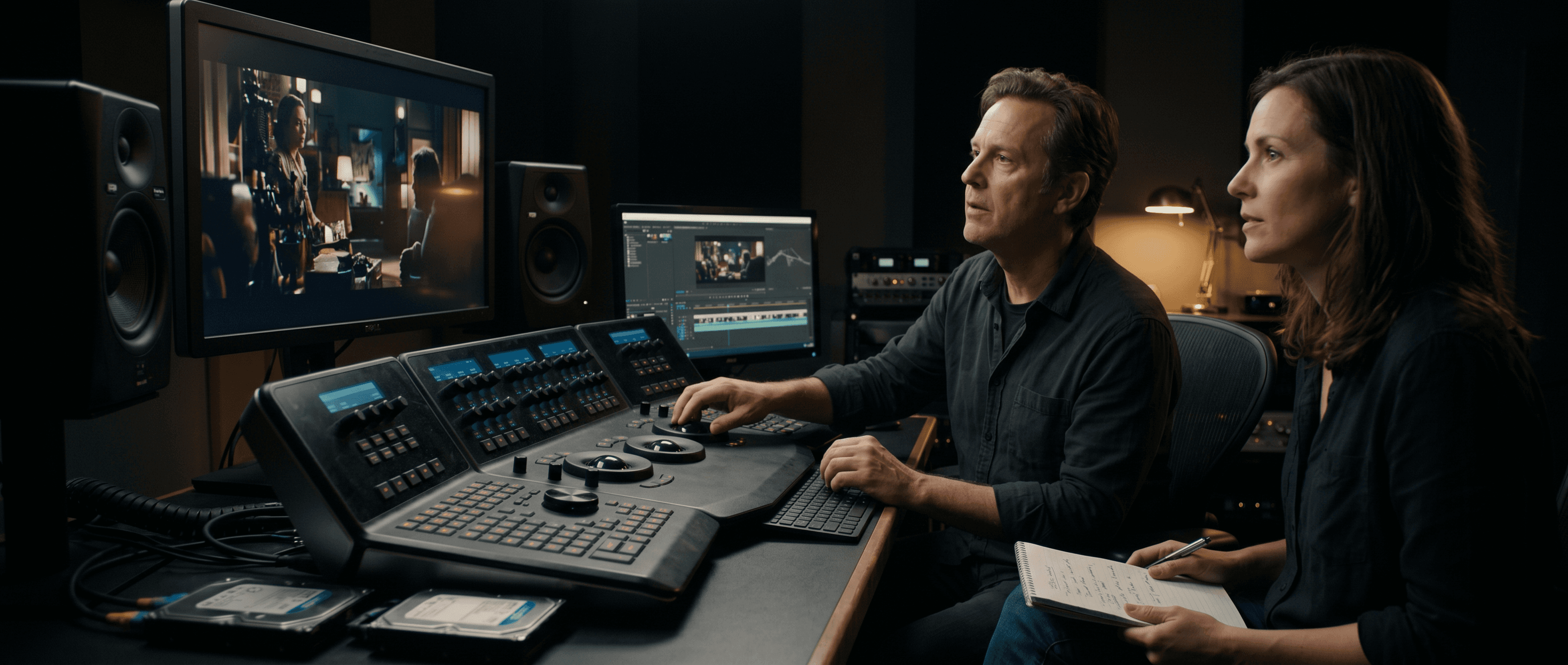 Editor and director reviewing a final cut in a color grading suite with a DaVinci Resolve panel