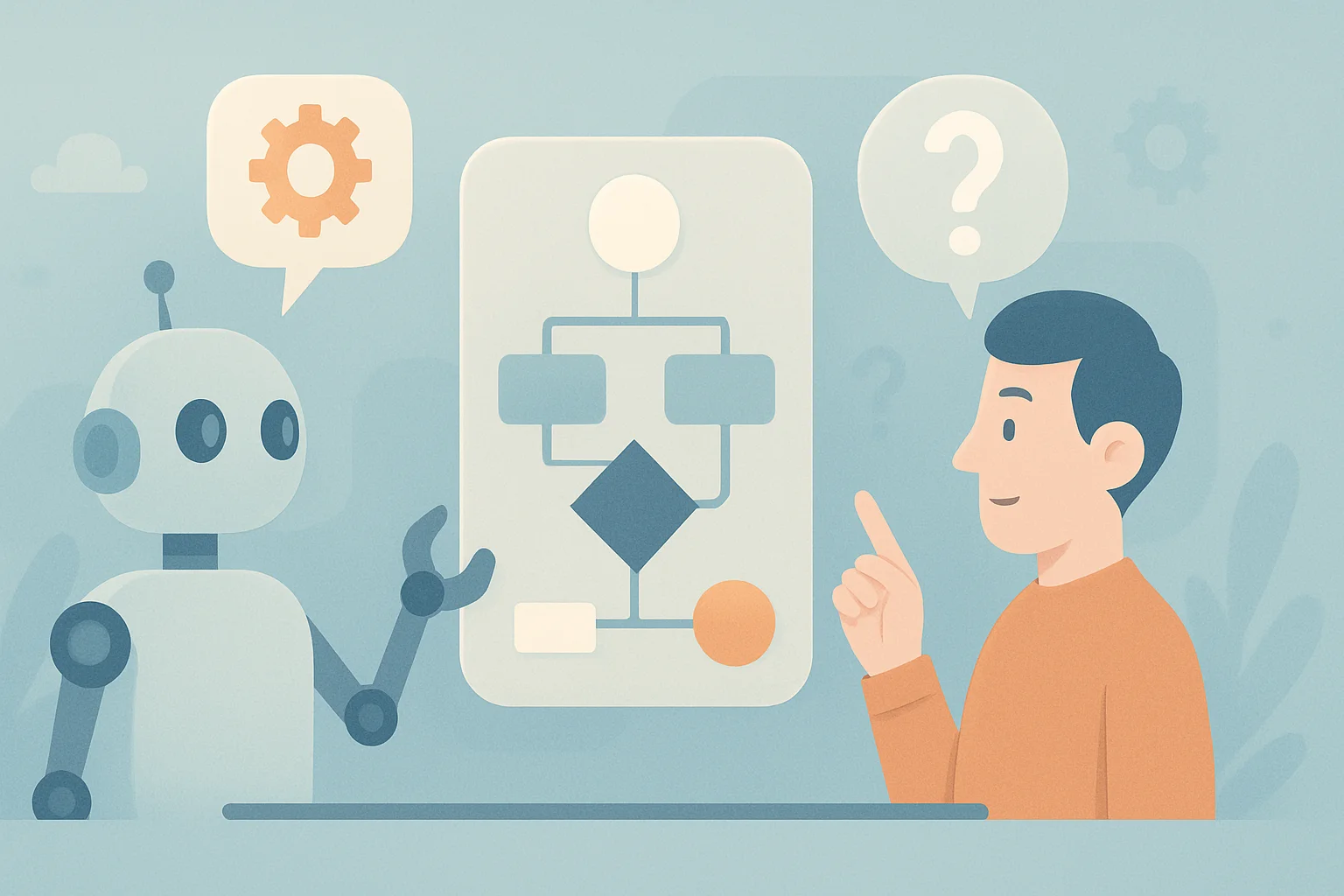 A soft-toned digital illustration showing a robot and a human discussing a flowchart, symbolizing automation learning to reason before acting, with speech bubbles showing a gear and a question mark to represent logic and understanding.