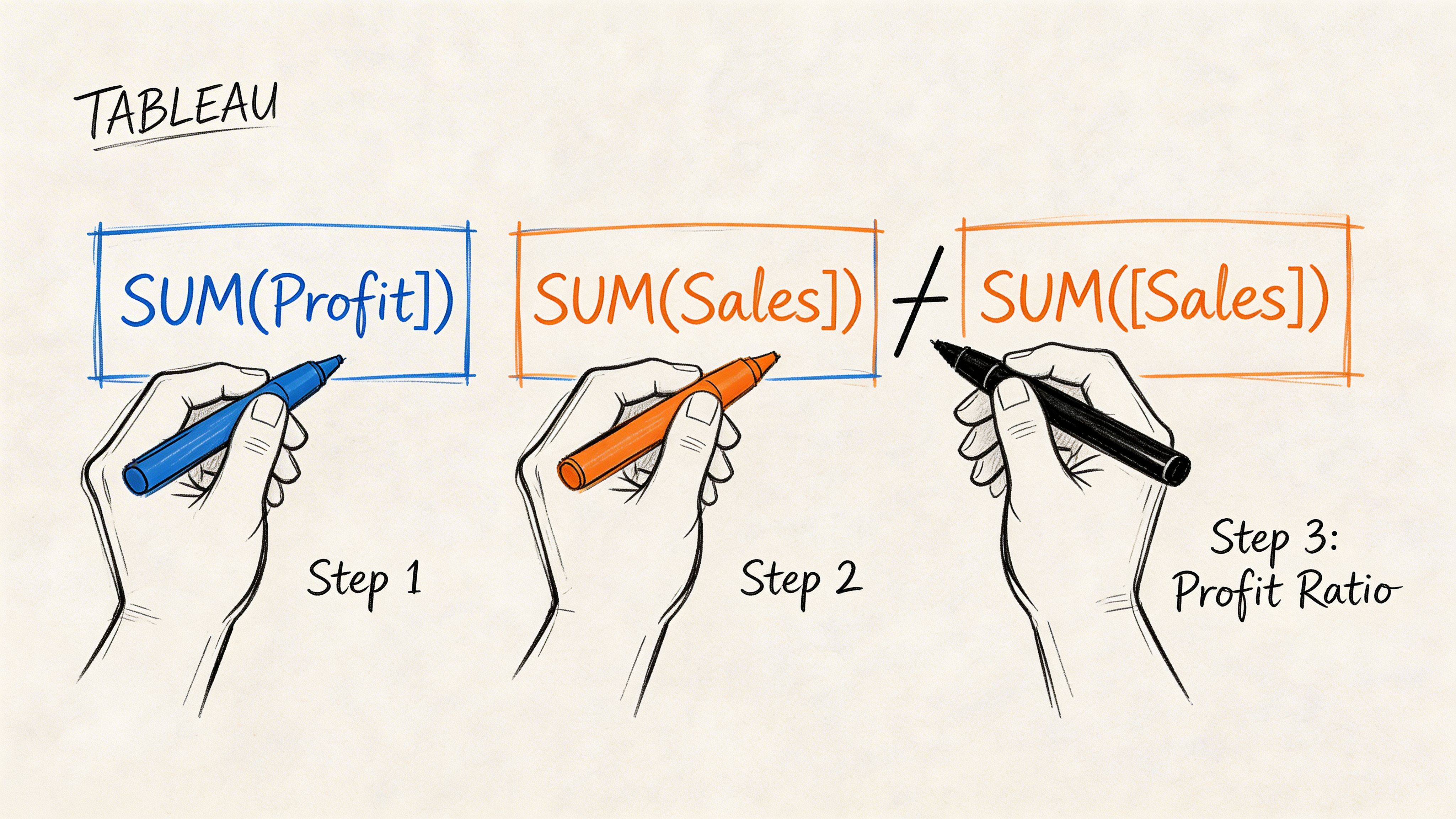 A hand-drawn illustration showing the calculation steps to create a profit ratio field in Tableau.