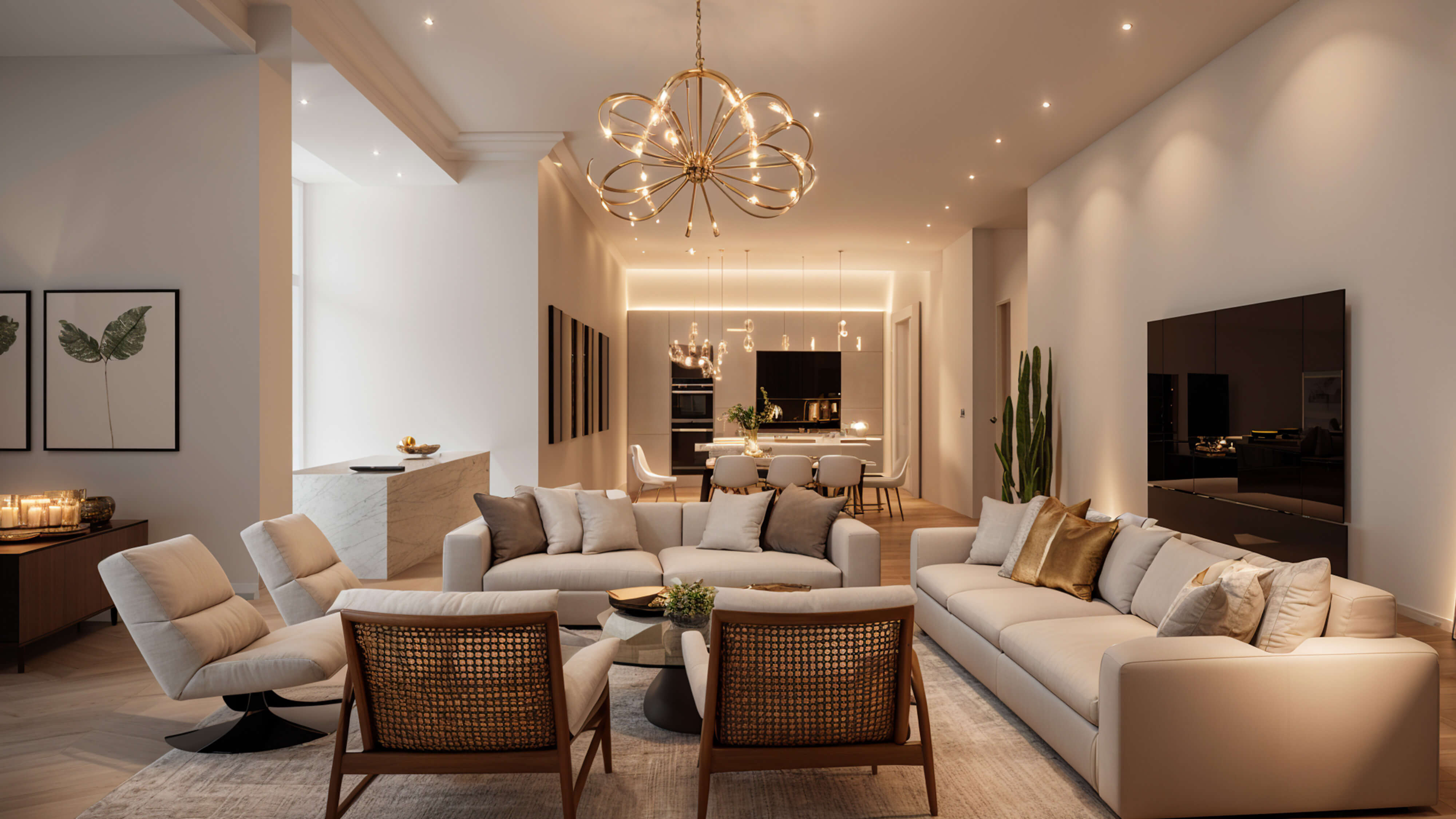 Refined open-concept living room flowing into a dining area, featuring layered lighting, neutral furnishings, warm wood tones, and a cohesive modern design.