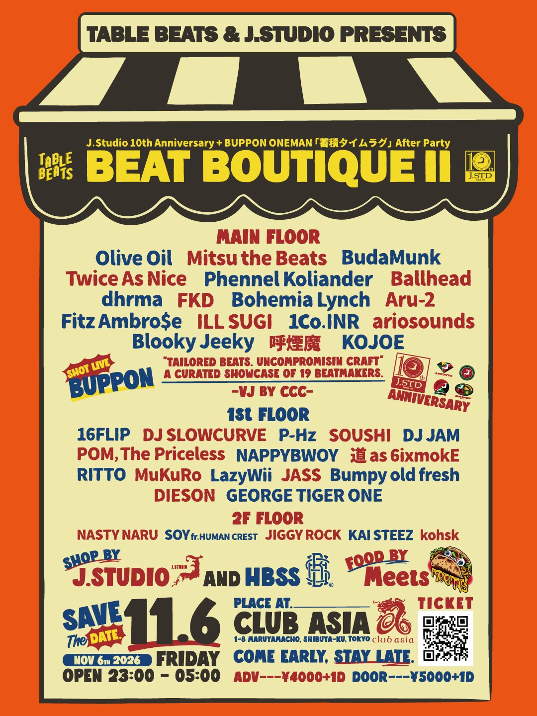 Flyer for J.Studio 10th Anniversary + BUPPON ONEMAN 「蓄積タイムラグ」After Party Table Beats & J.Studio Presents  “BEAT BOUTIQUE ll” at clubasia