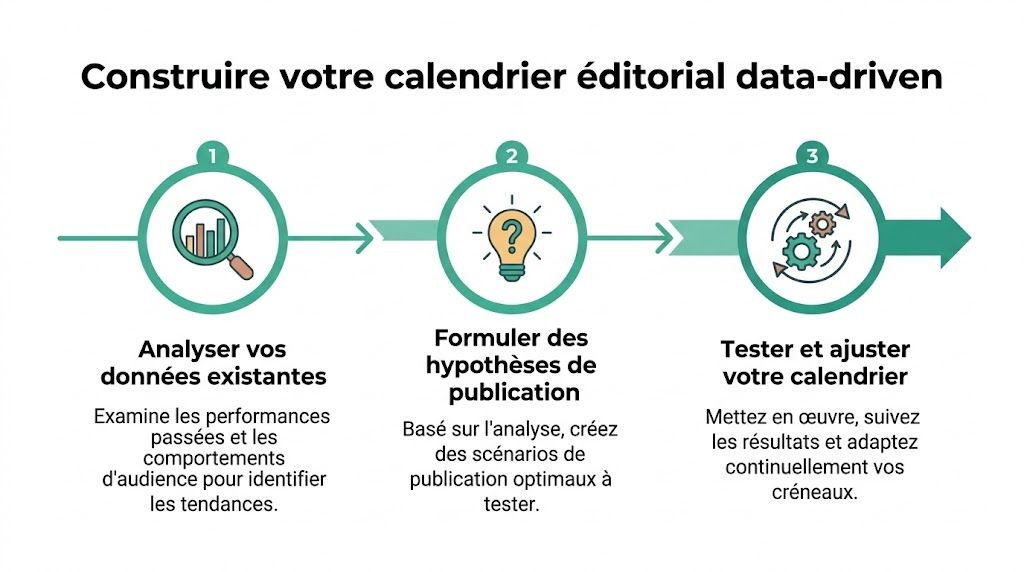 Infographie en trois étapes expliquant comment construire un calendrier éditorial basé sur les données pour réseaux sociaux.