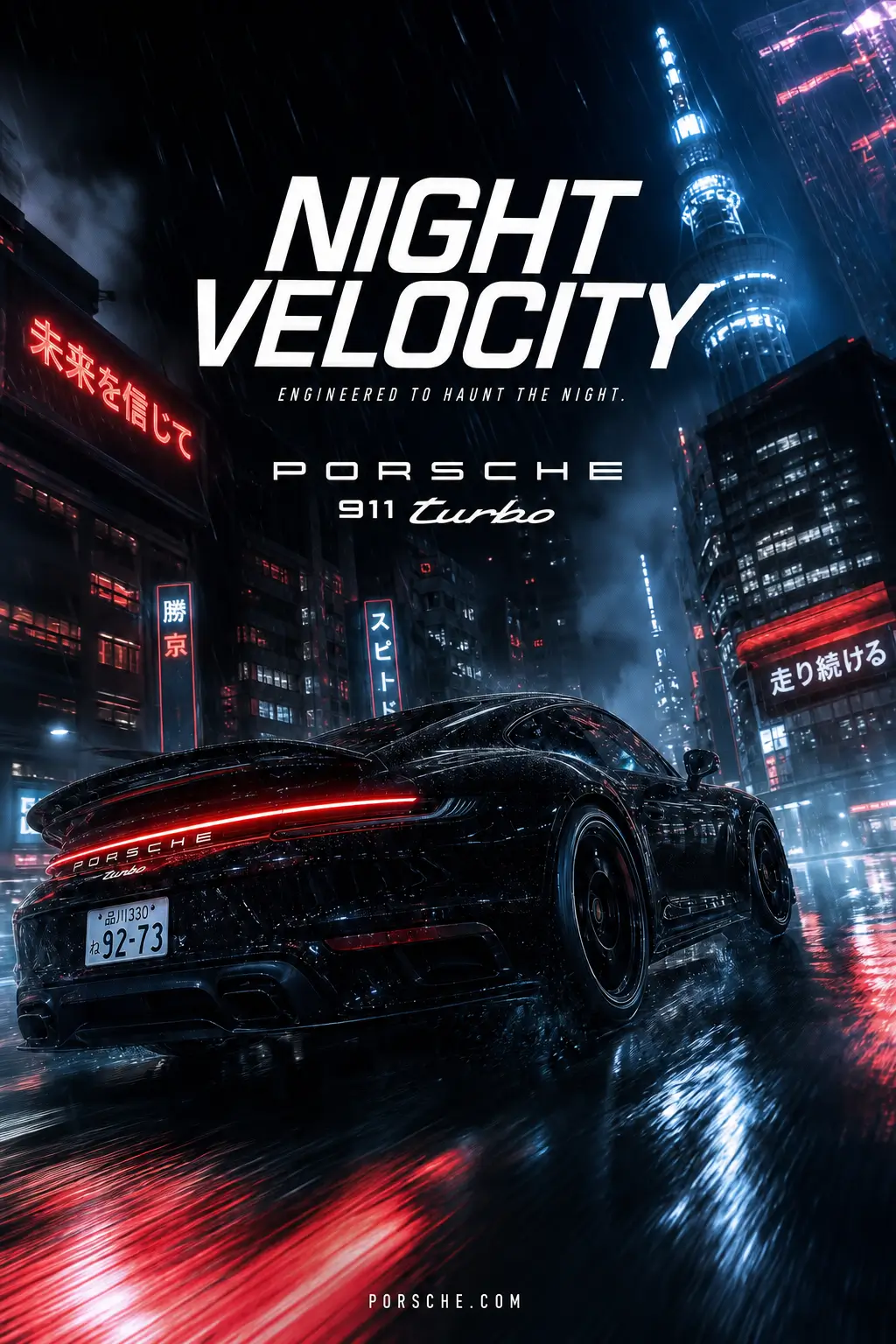 AI-generated Porsche poster featuring a sleek sports car racing through a rain-soaked neon city at night, emphasizing speed and precision.