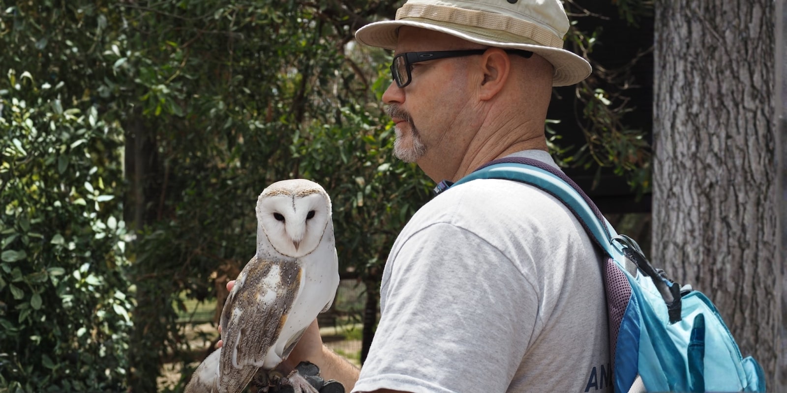 A man wearing a hat and glasses holds a barn owl on his arm, surrounded by greenery, symbolizing adventure and nature.
