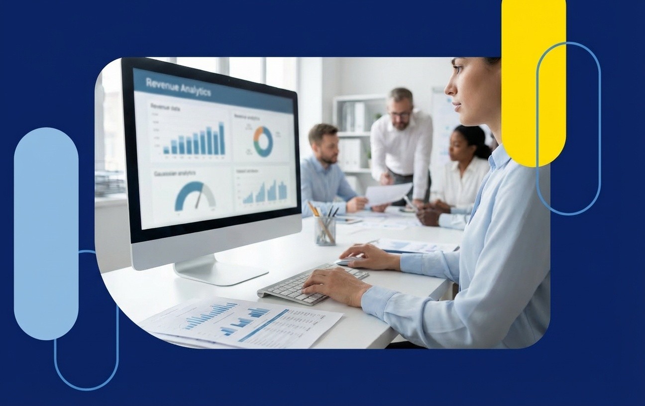 A professional businesswoman analyzing data charts on a computer monitor, representing expert Vendor Central training to prevent Amazon chargebacks.