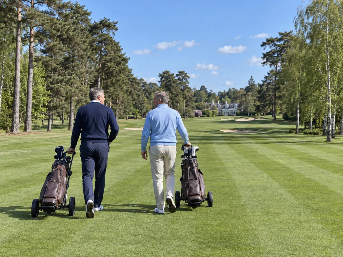 Two visitors walk down a striped fairway with their trolleys, pines and silver birch either side.