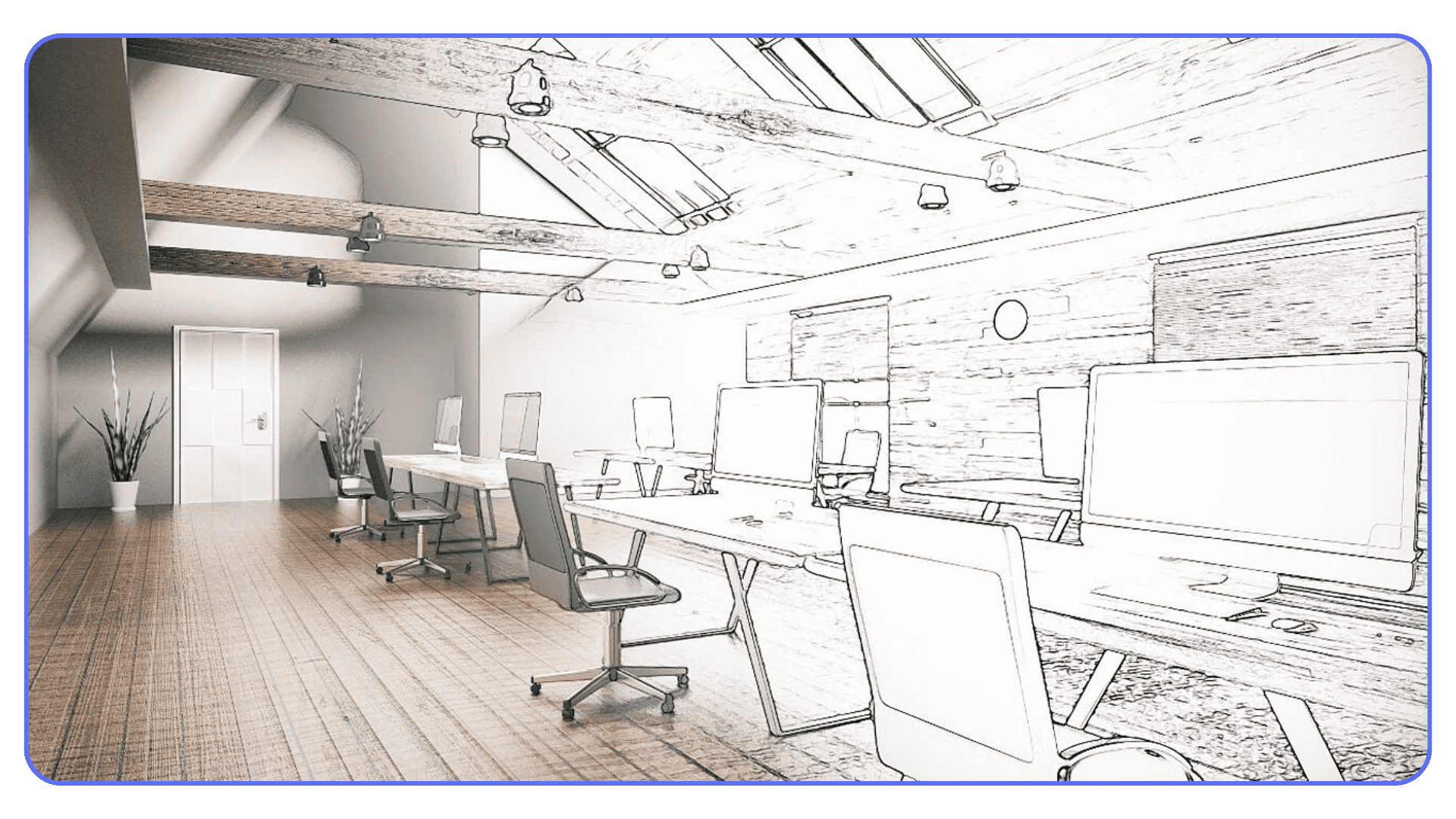 Sketch-style 3D visualization of a modern office interior with desks, computers, and exposed wooden beams