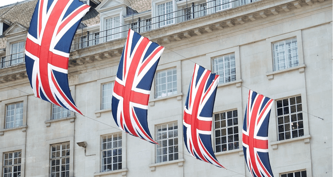 Union Jack flags on a building