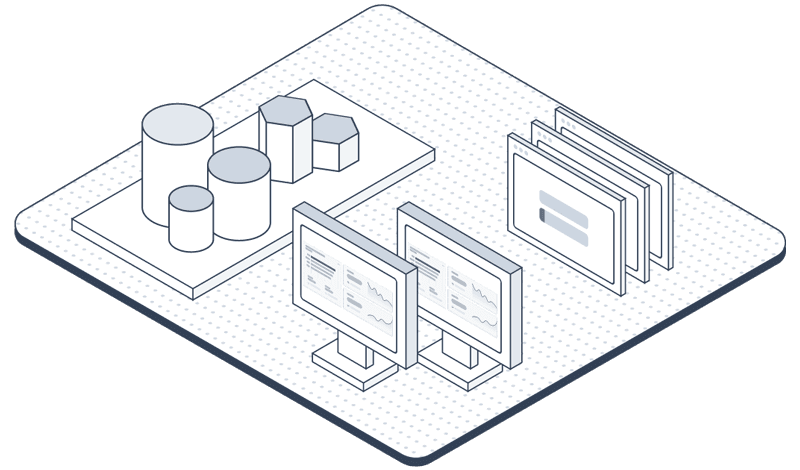 Isometric illustration of a workspace with screens, charts, and documents, representing business intelligence tools and activation capabilities.