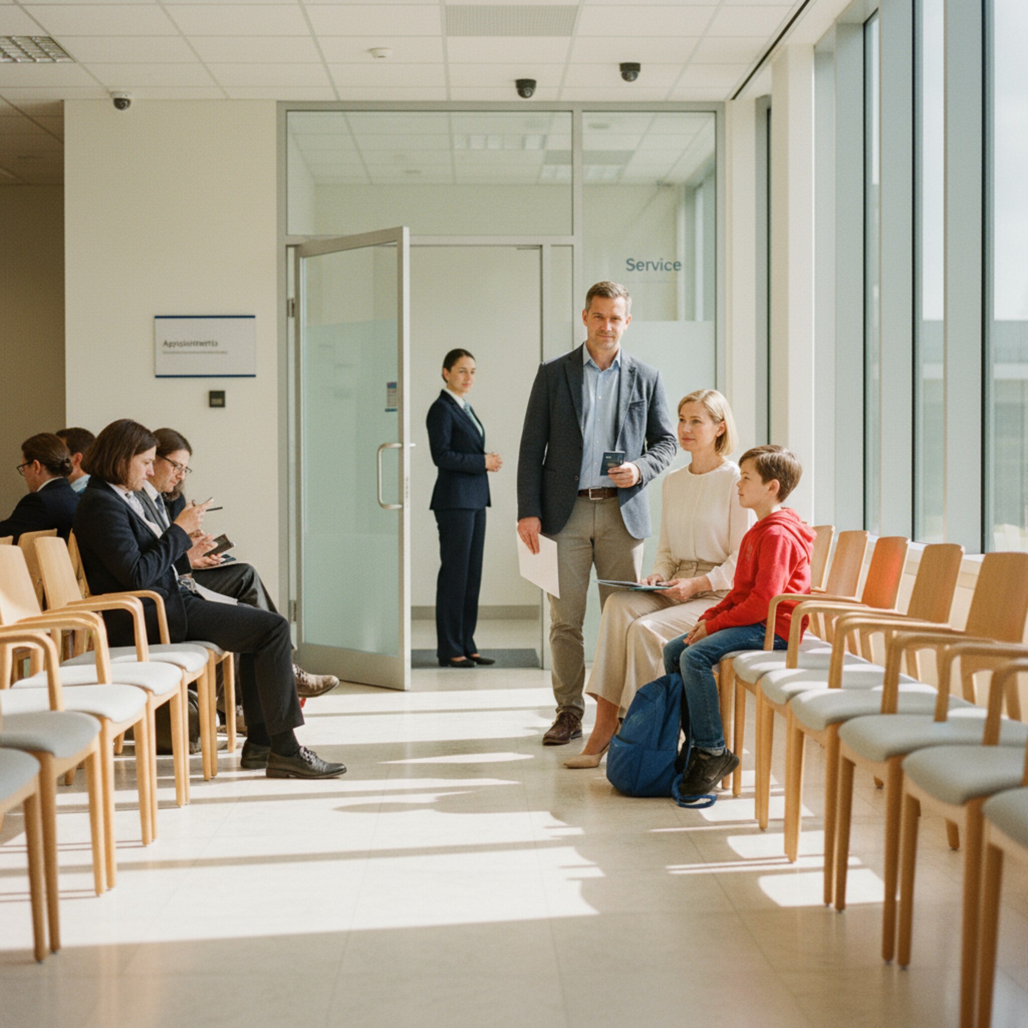 Ein heller Wartebereich mit Reihen schlicht gehaltener Stühle. Eine Familie hält Reisepässe und Unterlagen, während ein Mitarbeiter im Anzug die Tür zum Schalterbereich öffnet und freundlich nickt. Warmes Tageslicht fällt durch große Fenster, leise Gespräche füllen den Raum. Die Atmosphäre ist geordnet, respektvoll und konzentriert.