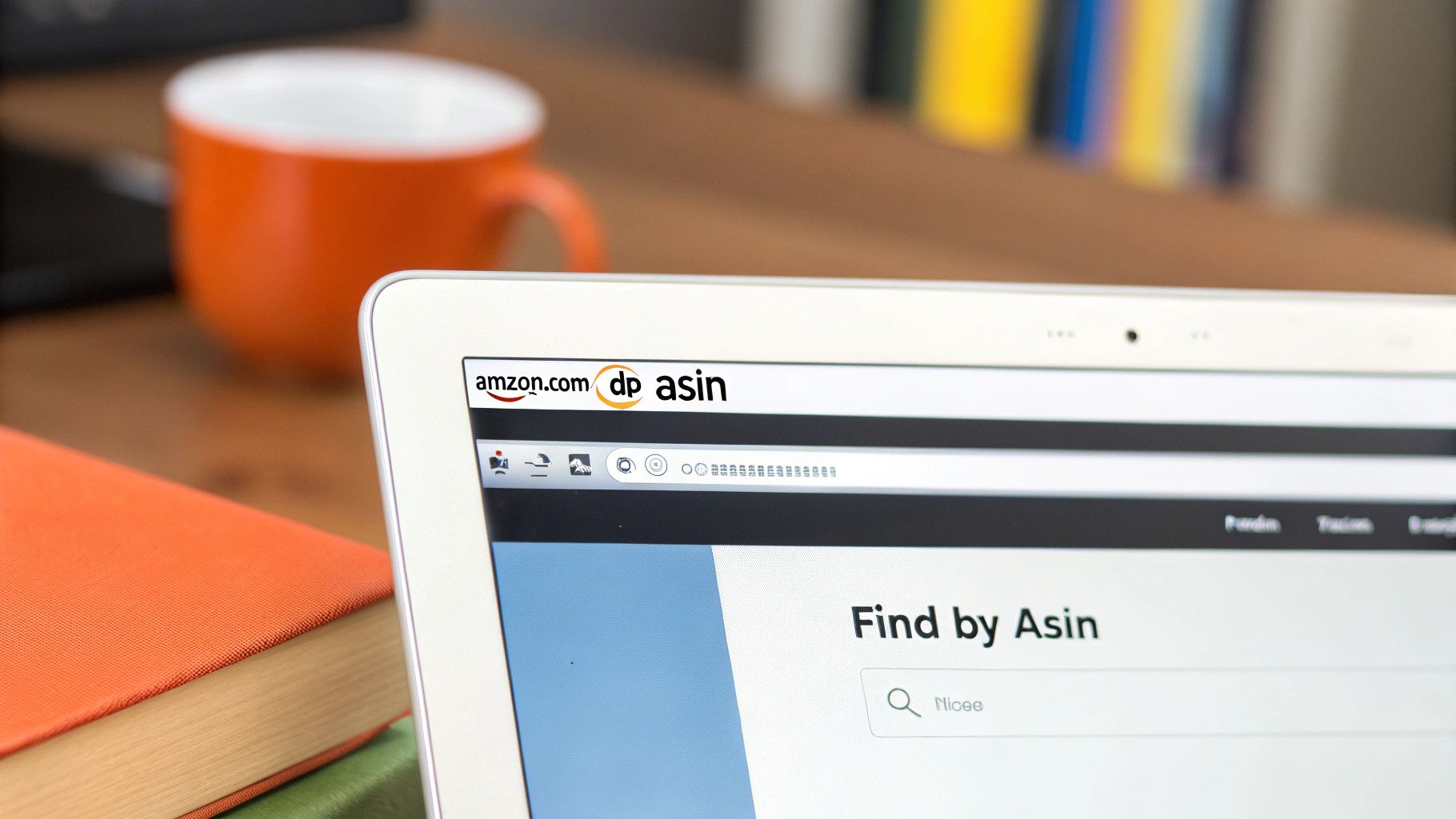 A close-up of a laptop screen displaying amazon.com and a search interface for 'Find by Asin'.