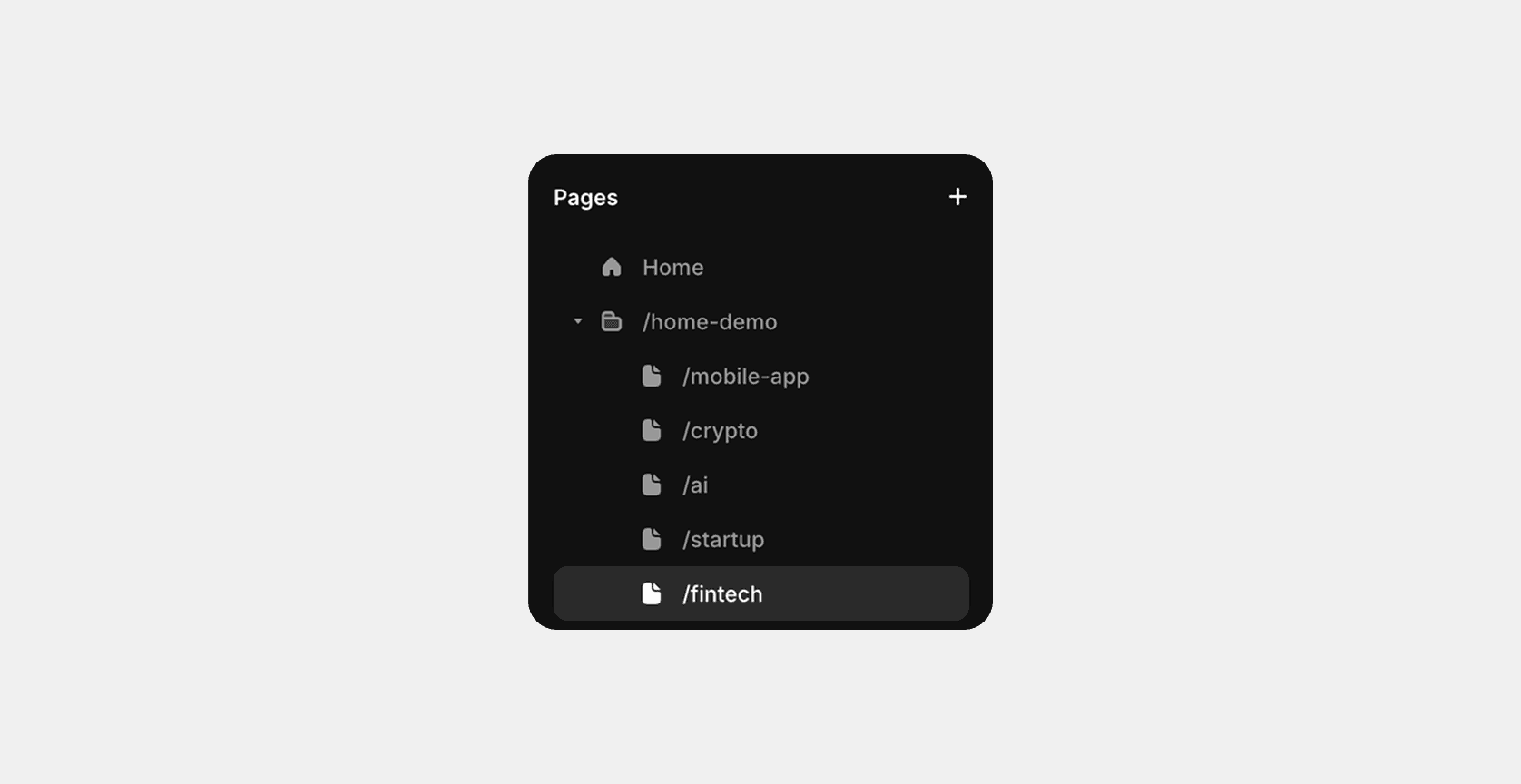Pages panel in Framer showing multiple demo page variations including fintech