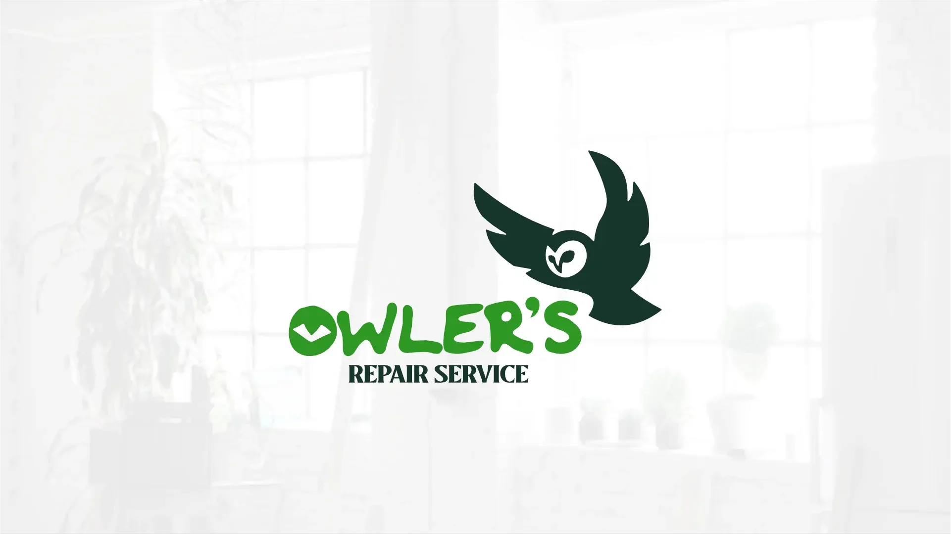 The "Owler's Repair Service" logo centered on a bright, high-key indoor background. The logo consists of a dark green silhouette of a flying barn owl above the brand name, which is written in a playful, bright green font with a small owl-eye icon inside the letter 'O'.