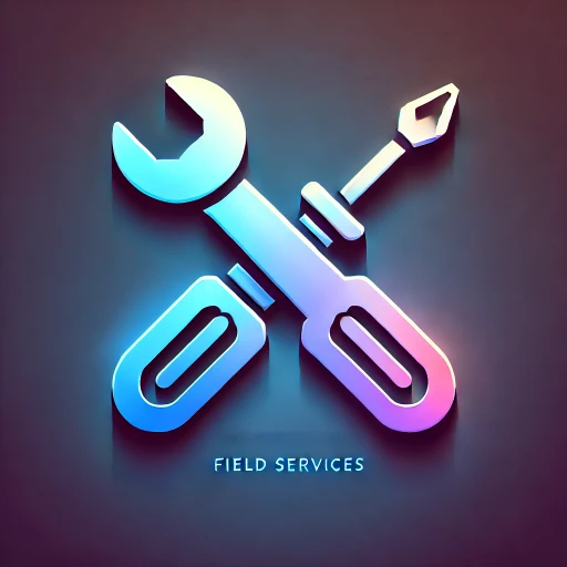 An icon representing field services_ a stylized wrench and screwdriver crossed, glowing softly in gradients of blue and purple