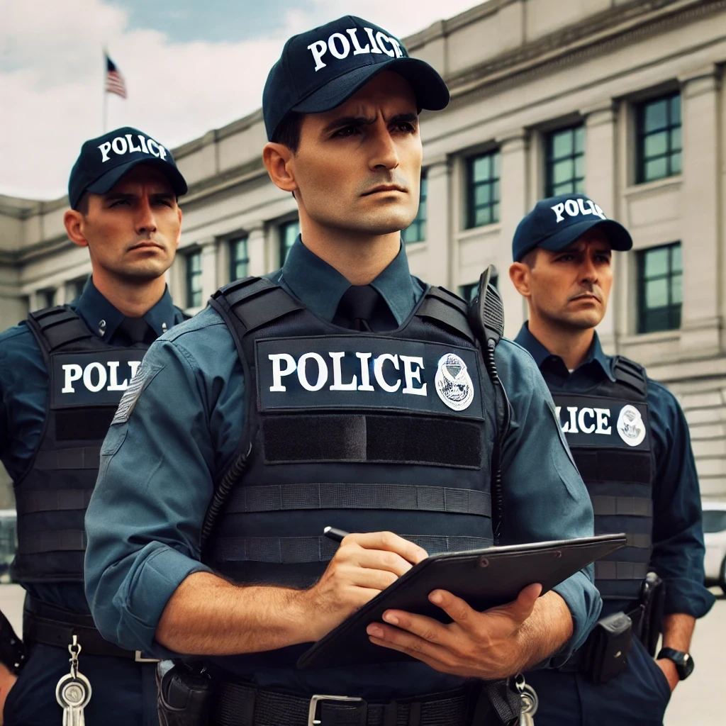 ICE agents in uniform conducting a routine immigration check in front of a government building, demonstrating their enforcement role within the U.S. immigration system.