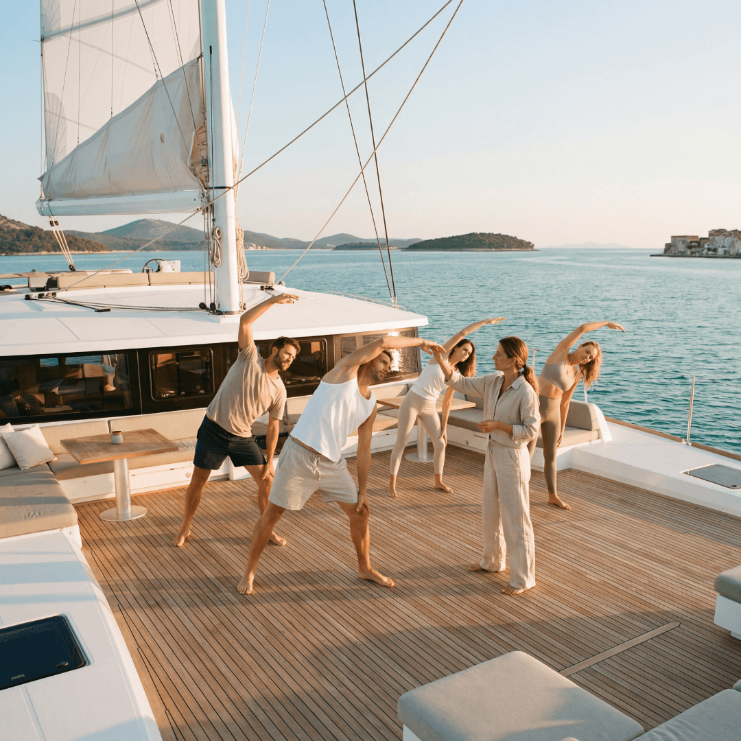Groupe de participants en mouvement sur le pont d’un catamaran, lors d’un atelier bien-être au coucher du soleil
