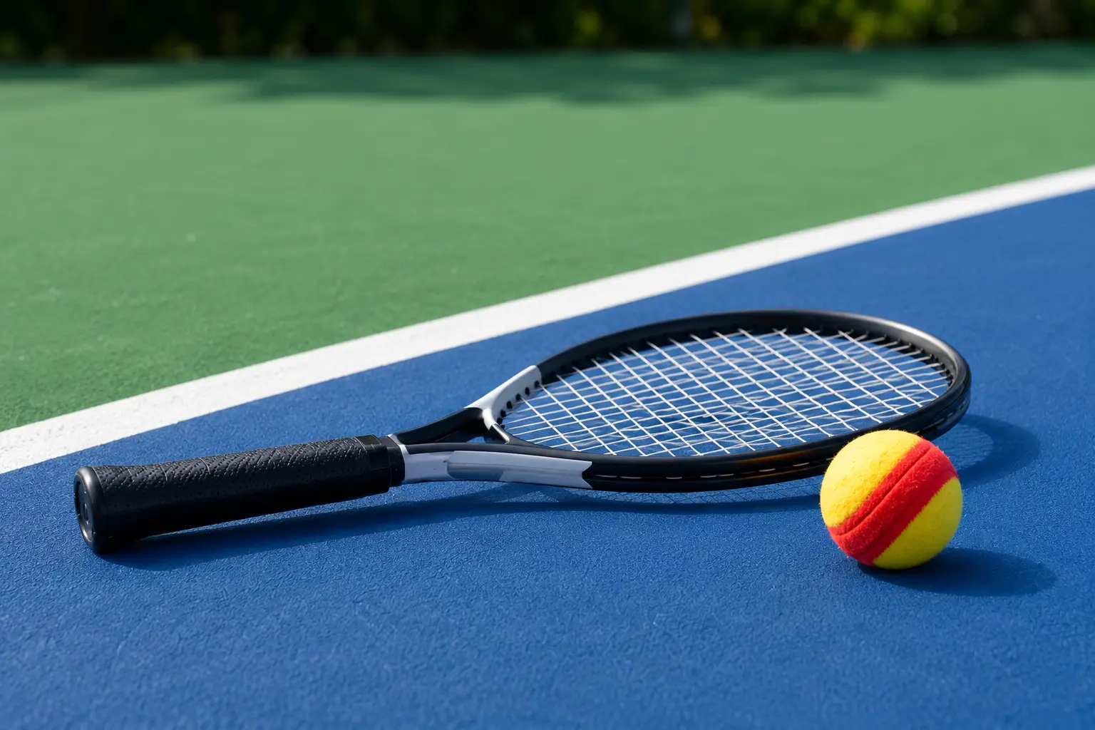 Strung racquet and yellow foam ball resting on a blue and green outdoor court surface.