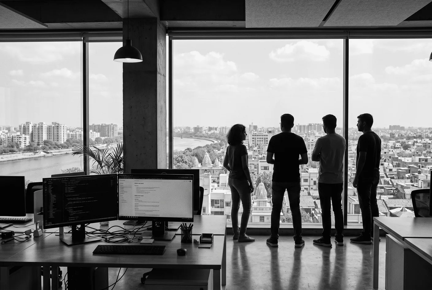 Creative team of four looking out at the Ahmedabad skyline from a modern studio