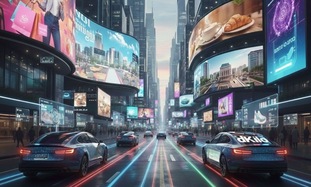 “Digital out-of-home advertising in a futuristic city, with cars displaying dynamic ads and billboards personalized by location.”