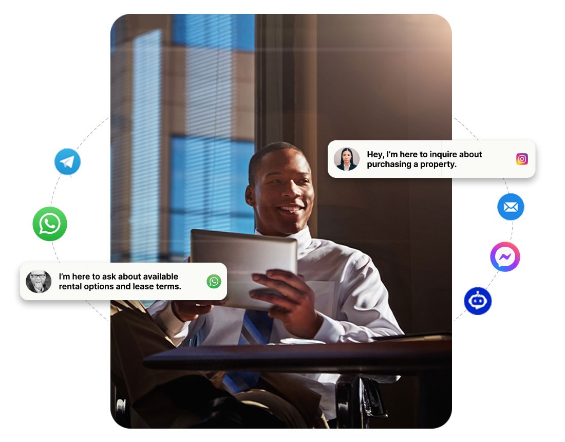 Professional using a tablet to manage multi-channel property inquiries via platforms like WhatsApp, Telegram, Instagram, and email, showcasing real estate communication technology