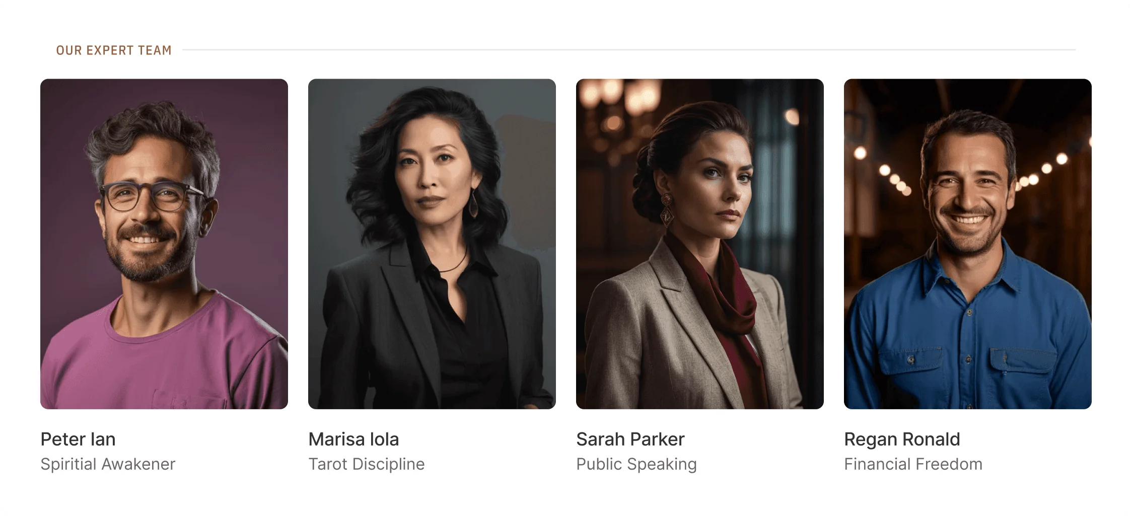 Four portraits of diverse individuals against different backgrounds, each displaying unique expressions and styles.