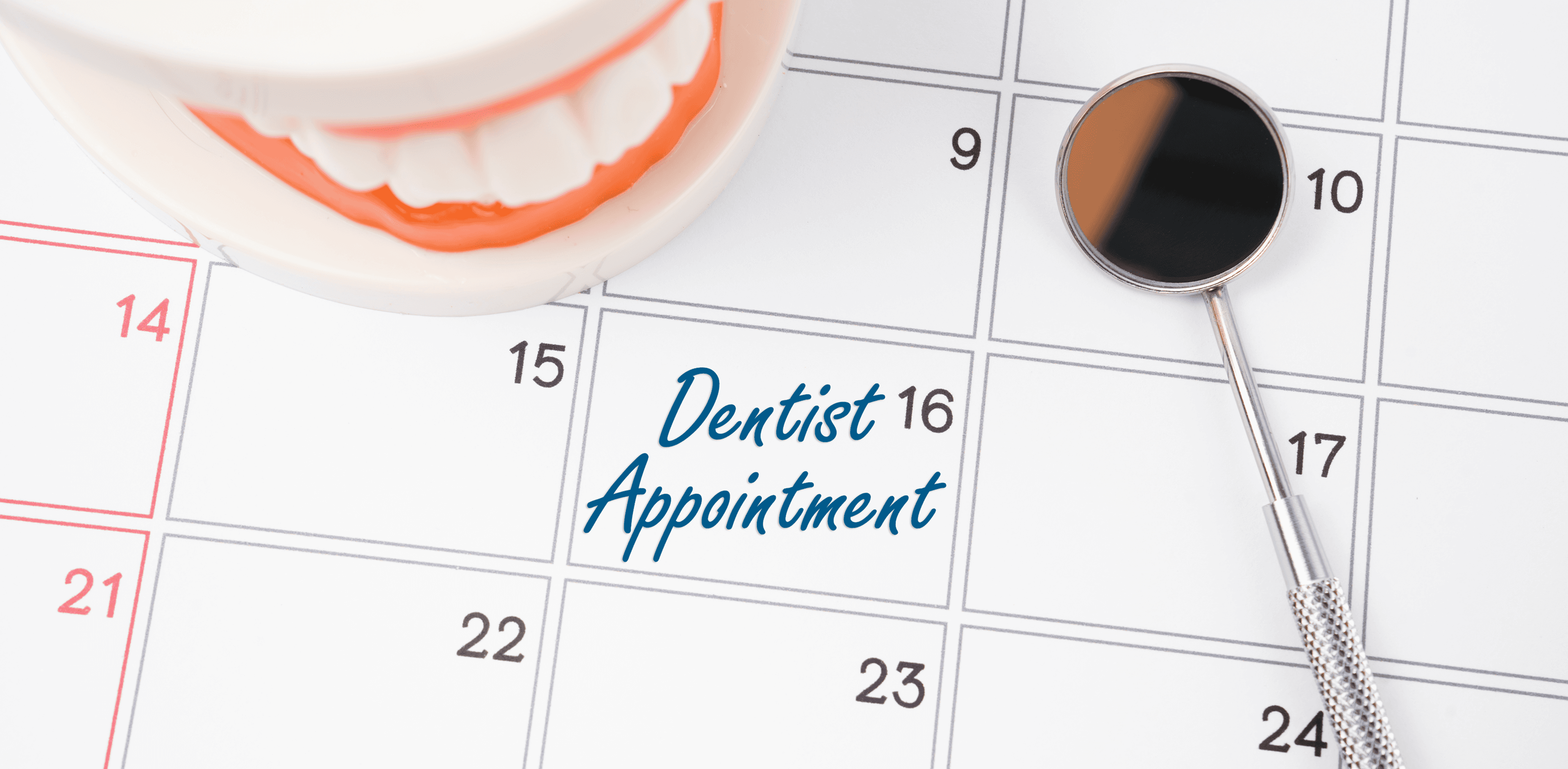 A calendar open to the week of the 15th, with a dental model of a mouth showing teeth and a dentist's mirror placed on top, highlighting a marked 'Dentist Appointment' on the 16th.