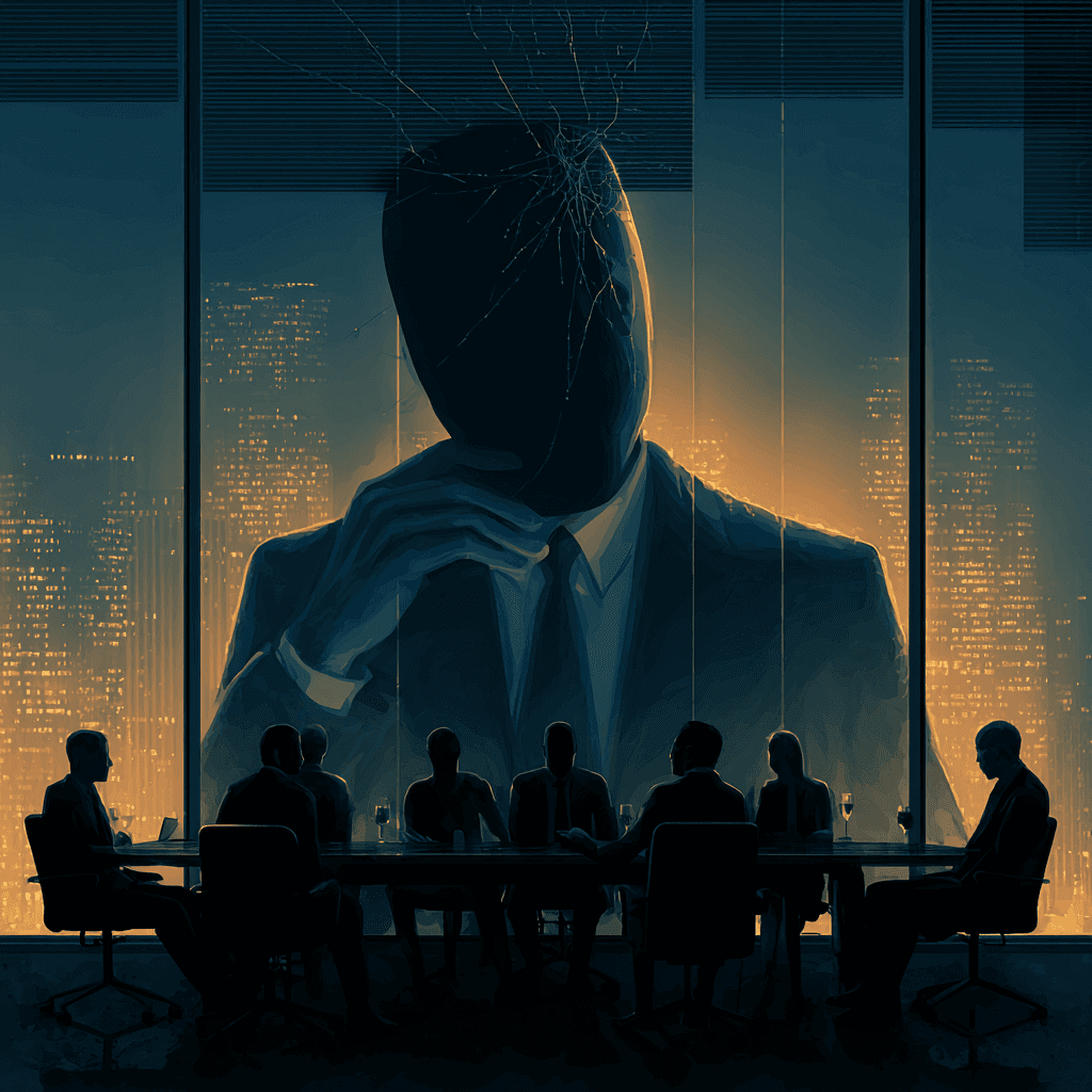 dramatic corporate boardroom scene at twilight, towering glass office with panoramic city view at the head of the table, a sharply dressed executive with no face, mask slipping from one hand, subtle glitching effect in their silhouette, suit filled with static or shadow, surrounded by unaware colleagues deep in discussion in the background, cracks forming in the office glass, symbolizing revenue leaks, digital numbers falling like rain outside contrasting lighting: warm tones on the unaware team, cold blue shadows enveloping the imposter symbolism, psychological depth, high-resolution cinematic style, corporate thriller atmosphere