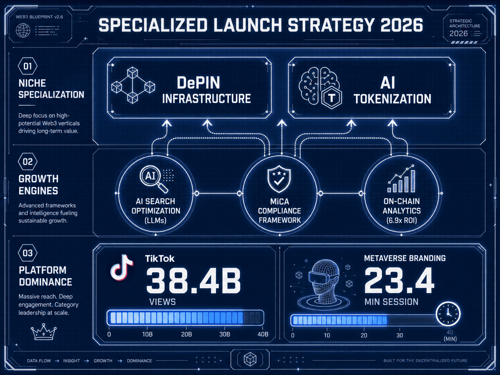 A strategic framework for 2026 ICO promotion focusing on DePIN, AI infrastructure, LLM optimization, and MiCA regulatory compliance.