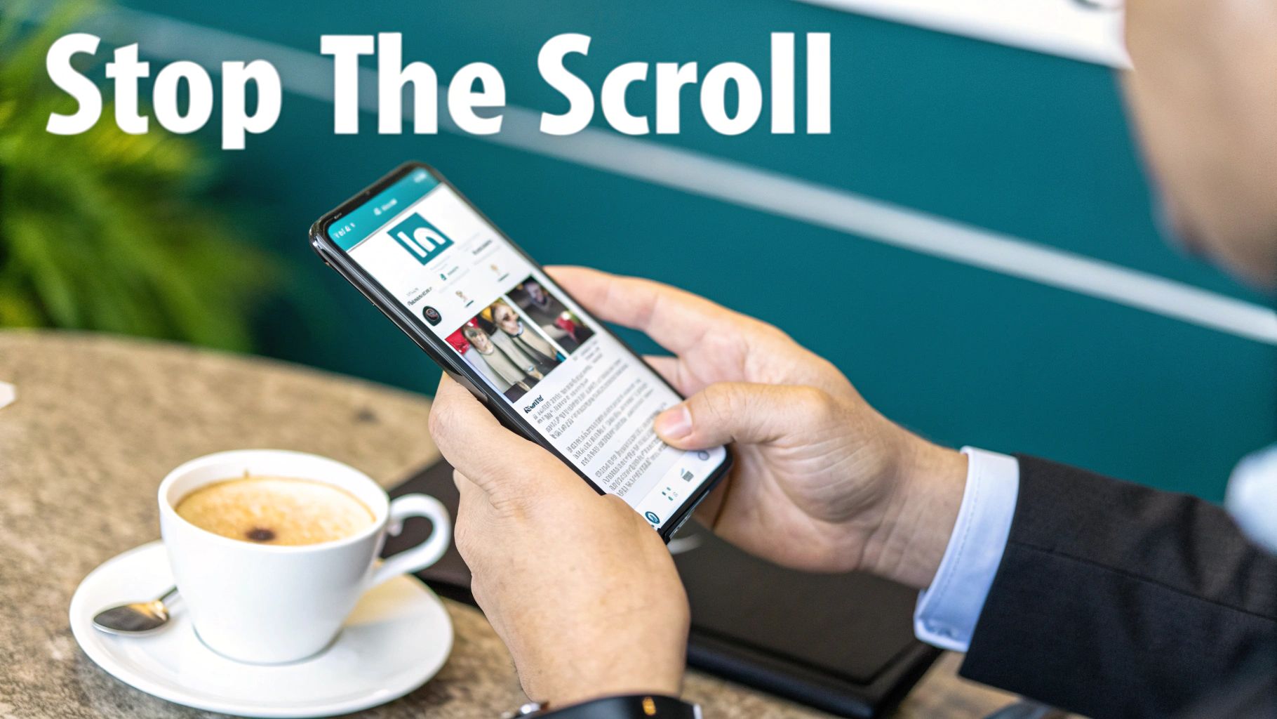 Person scrolling LinkedIn on a smartphone with a coffee cup, featuring 'Stop The Scroll' message.