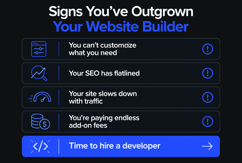 Infographic checklist of signs you have outgrown your website builder: you cannot customize what you need, SEO has flatlined, the site slows down, and you pay endless add-on fees