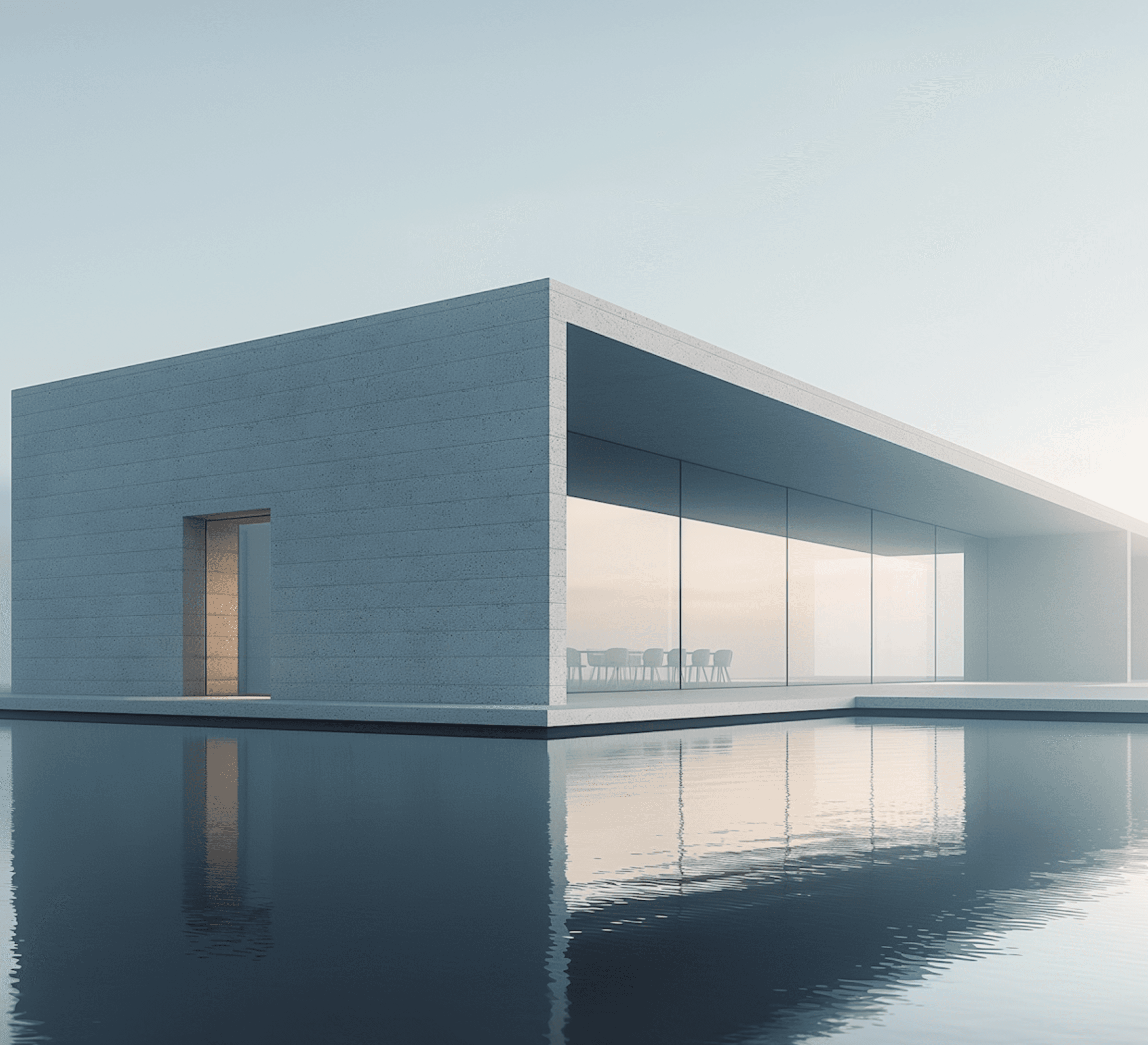  A modern house with a large pool in front, showcasing contemporary architecture and outdoor leisure space.