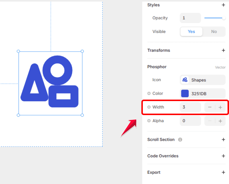 Réglage de l’épaisseur des lignes d’une icône Framer via les options vectorielles