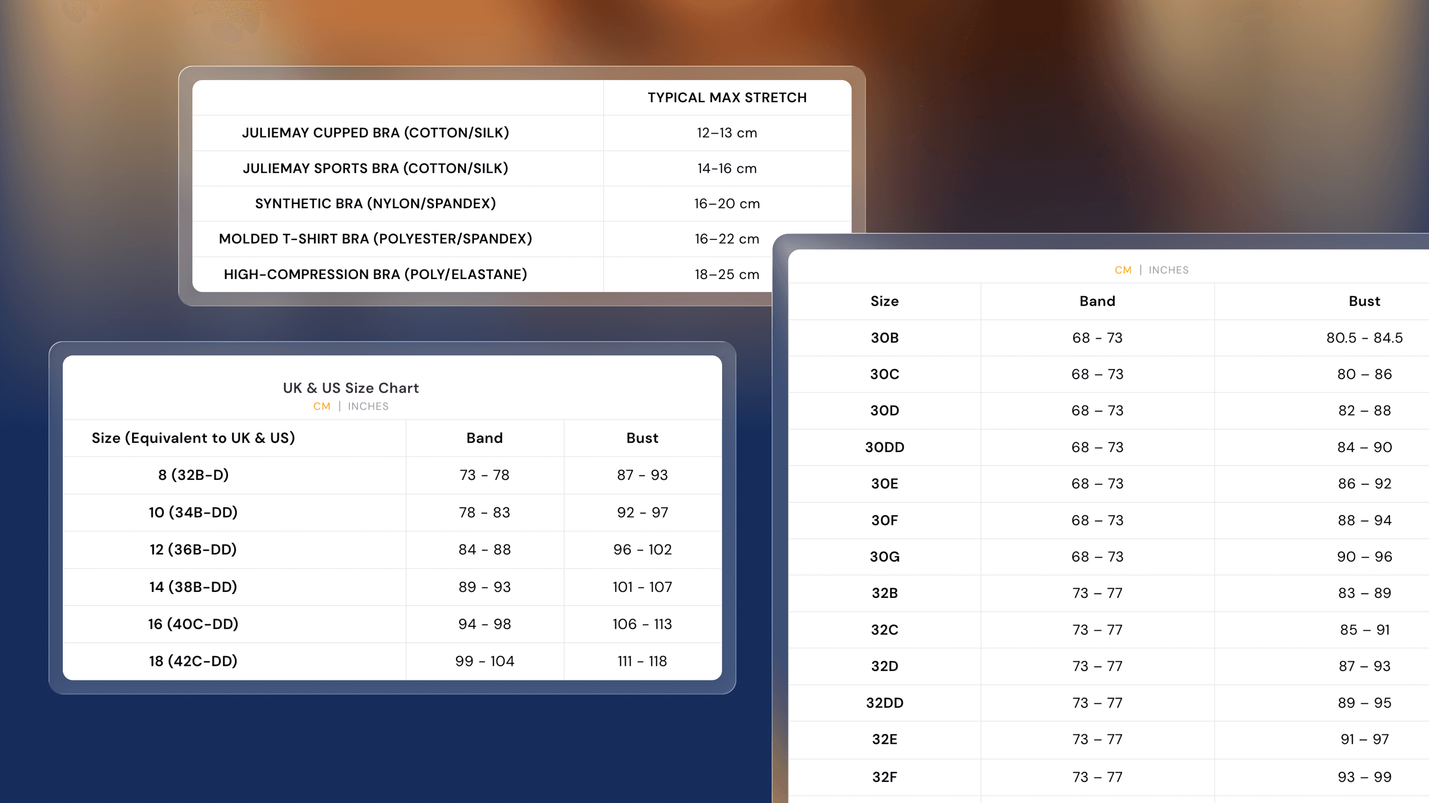 Juliemay's size guide, showing maximum stretch comparison, band and bust measurements, and UK/US size conversion.