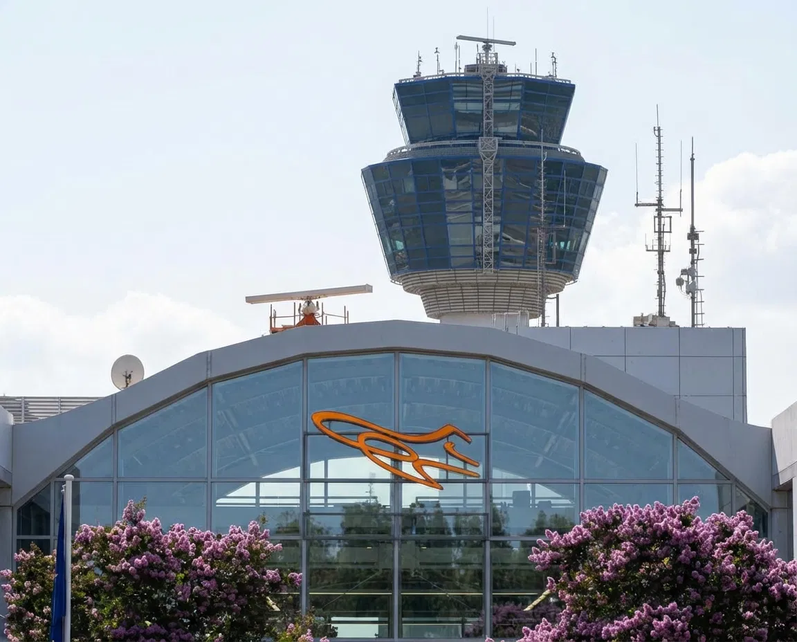 Hellenic Civil Aviation Authority building with aviation themed visual elements.