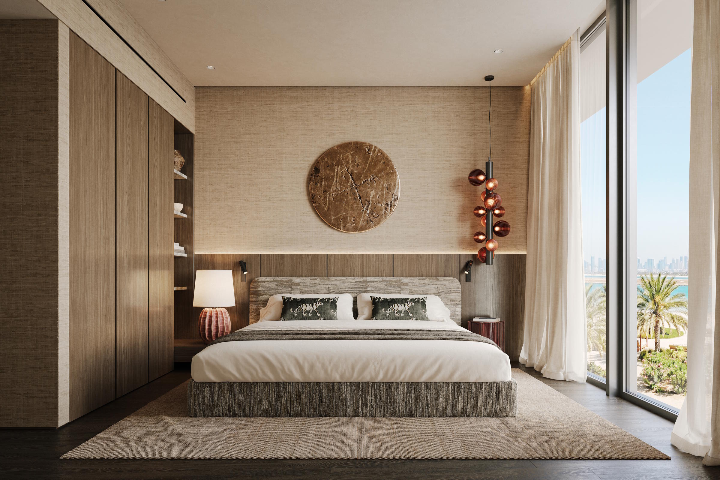 Premium bedroom suite with tropical accent wall at Tilal Binghatti Dunes luxury real estate.