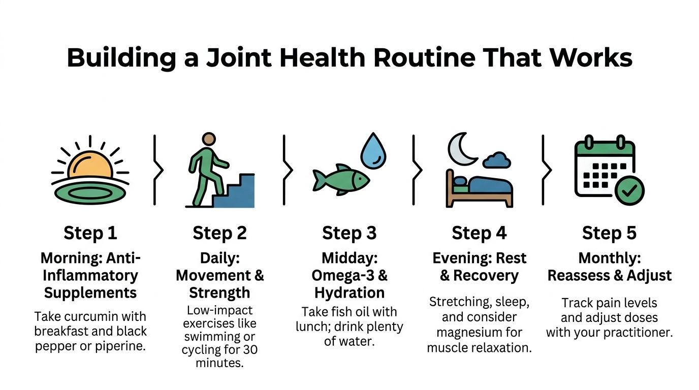 An infographic titled Building a Joint Health Routine That Works with five daily and monthly steps.