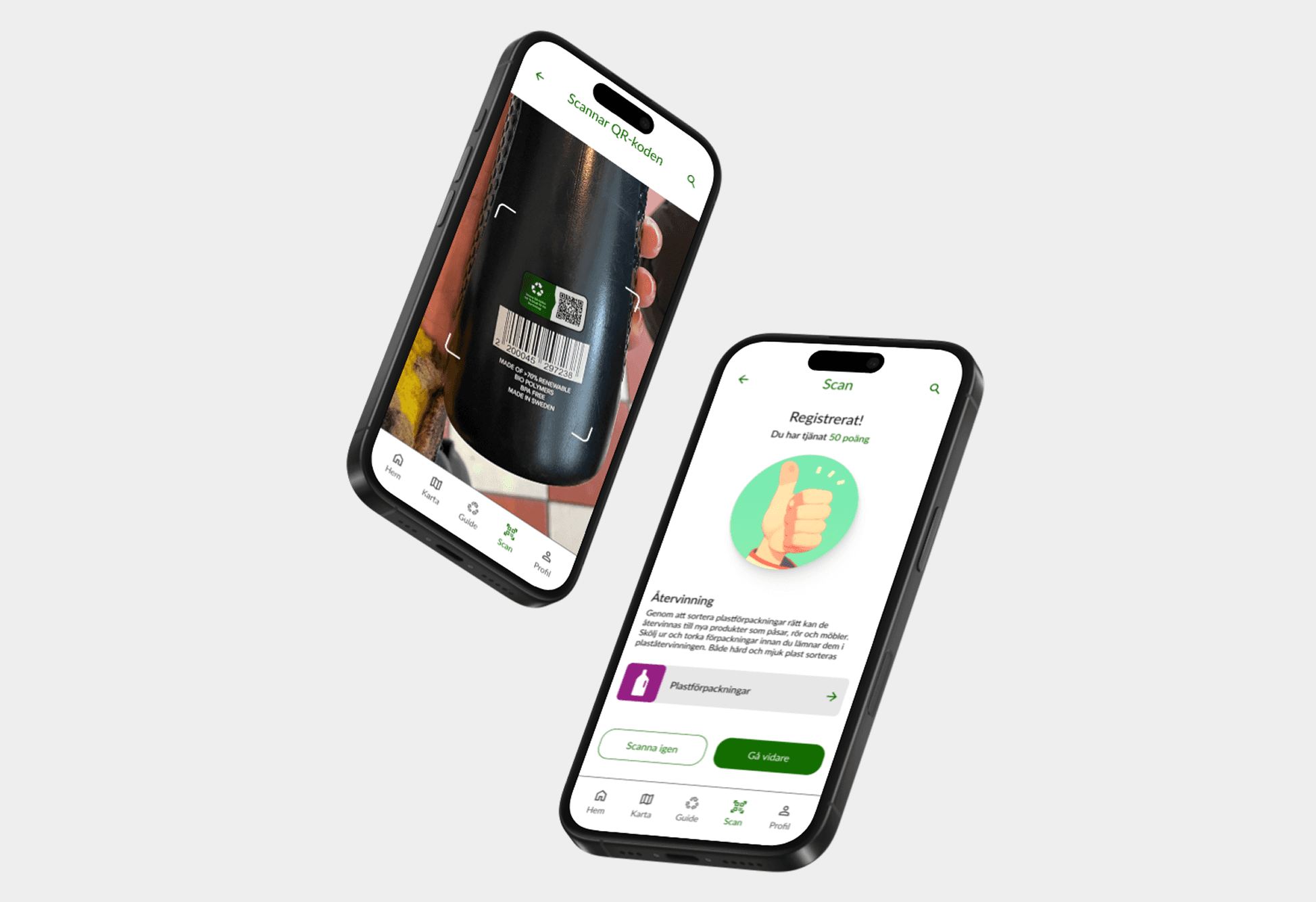 Two smartphones showing a scan feature. The first phone scans a QR code, while the second phone displays earned points.