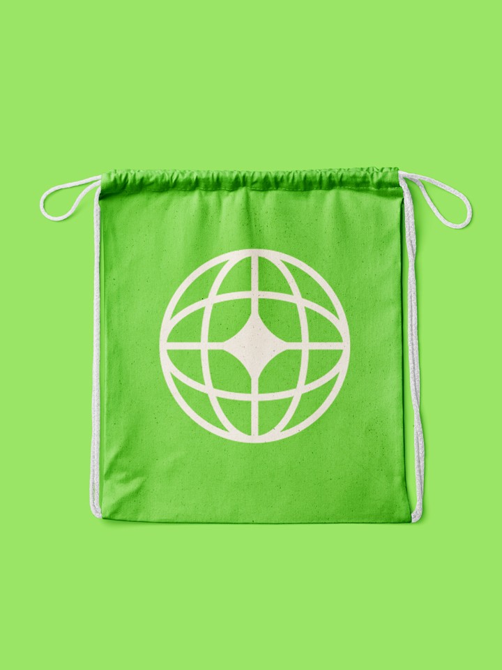 Bright lime drawstring fabric pouch on a matching green backdrop, printed with a bold white globe grid logo at its centre.