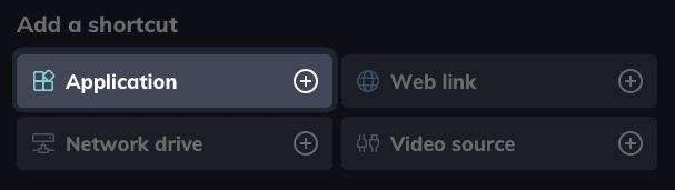 A screengrab of the Add a shortcut options, showing Application highlighted