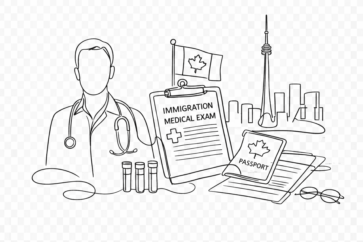 Continuous contour line illustration representing a panel physician immigration medical and immigration exam, featuring medical documents, test tubes, Canadian passport, and clinic setting imagery, created for GTA Immigration Physicians.
