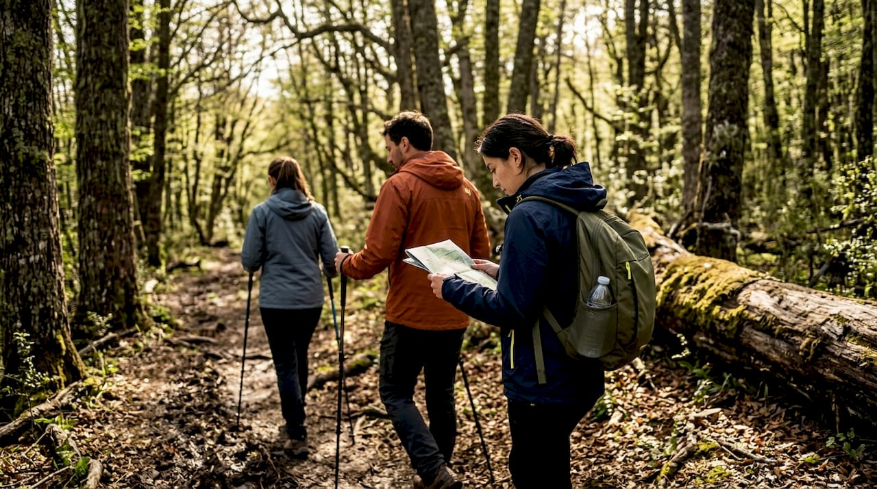 Group hiking on wooded Patagonian trail