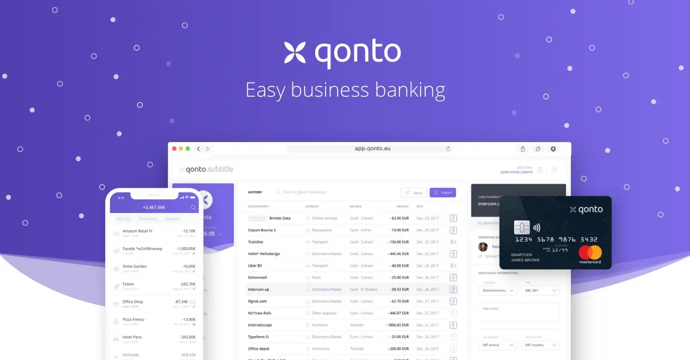 Qonto web and mobile app interfaces.