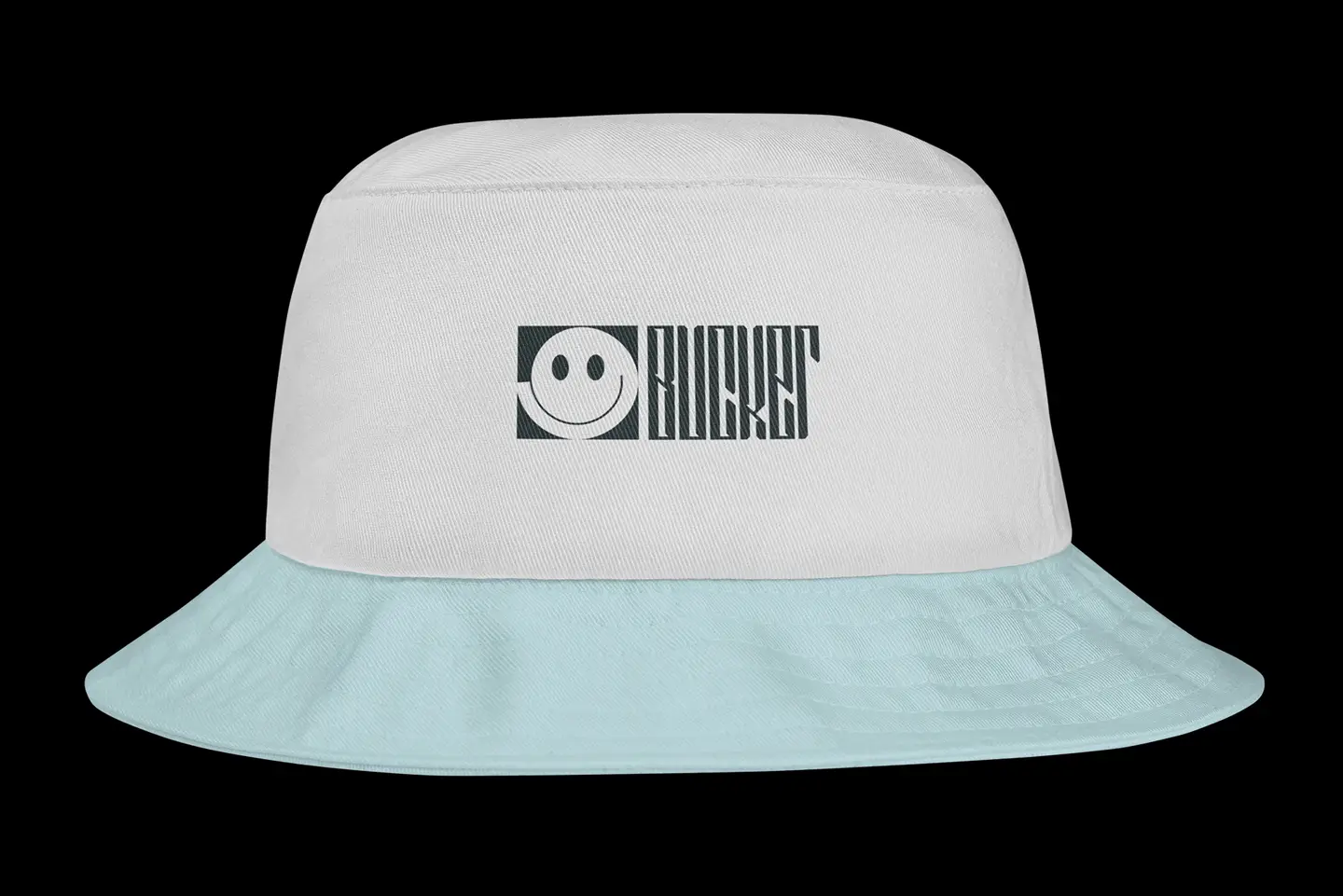 Two-tone bucket hat mockup with a white crown and light blue brim showcasing custom color options