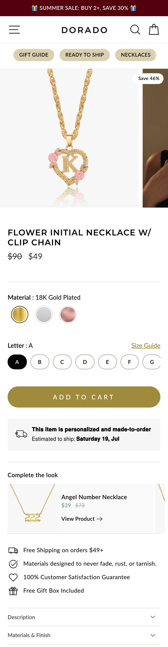 Jewelry product options include: necklace, chain for Flower Initial Necklace w/ Clip Chain from DORADO.
