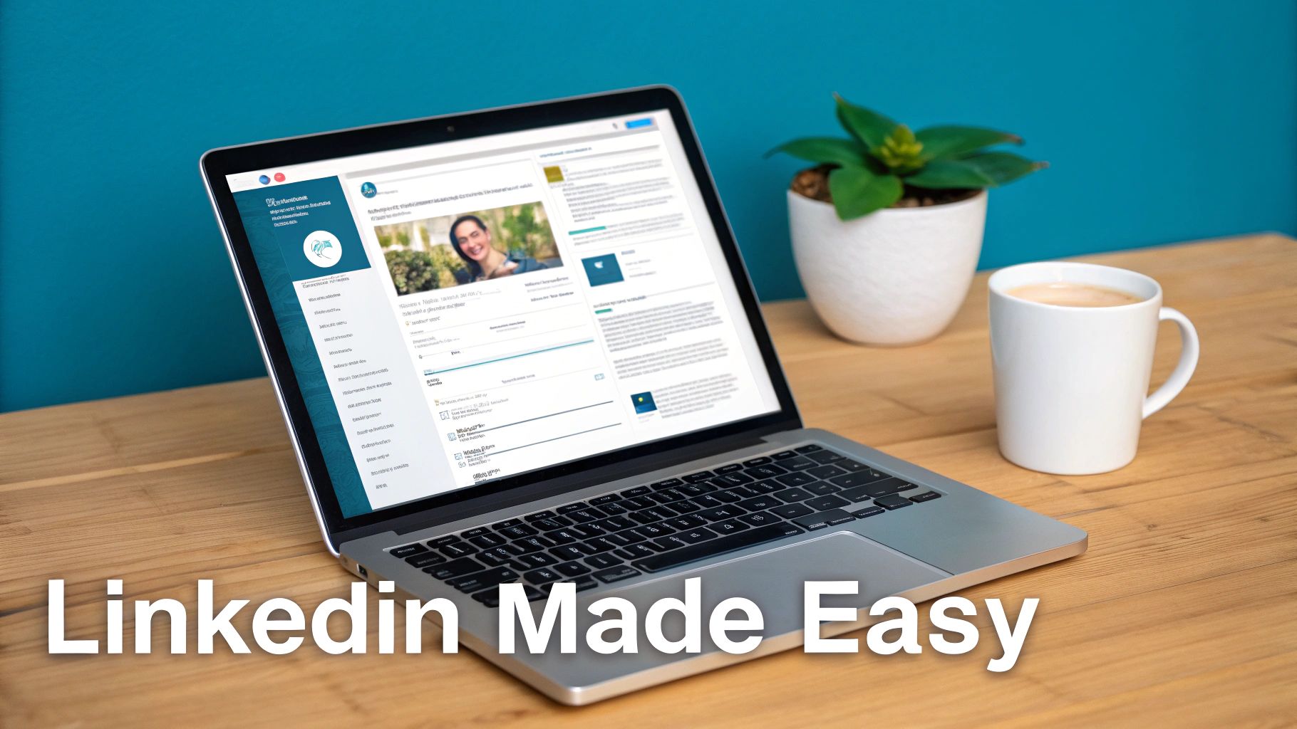 A laptop displaying a LinkedIn profile with a coffee cup and plant on a wooden desk.