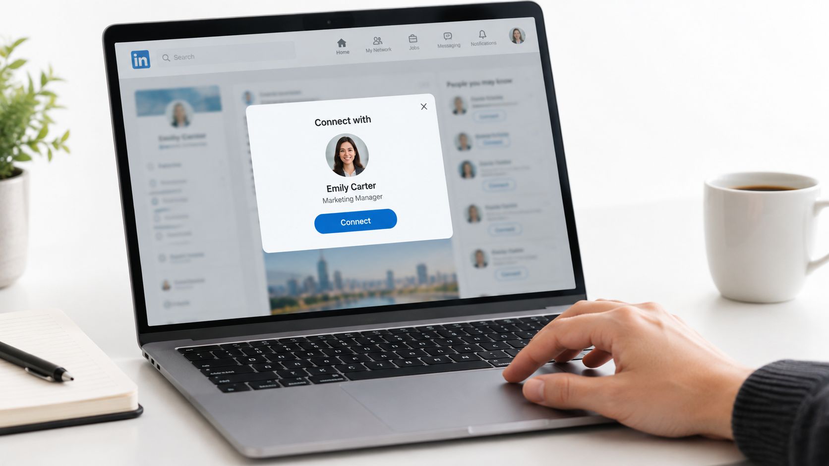 A person using a laptop to view a LinkedIn connection request for a marketing manager profile.
