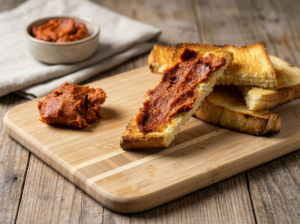 Four pieces of crispy toasted bread on a cutting board with 'nduja spread on one piece.