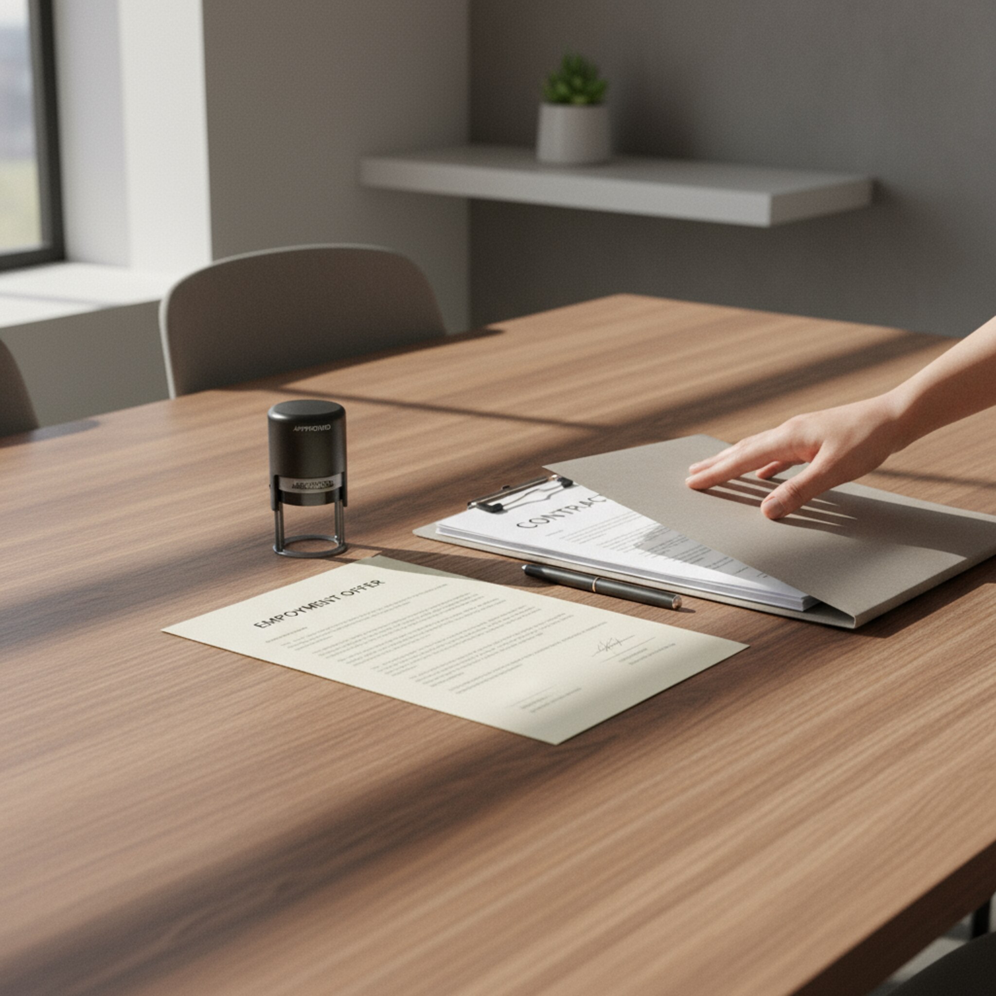 Auf einem großen Holztisch liegen ein unterschriftsreifes Angebot, ein sauber gebündelter Vertrag und ein dezenter Stempel. Sonnenlicht fällt auf die Papiere, eine Hand schiebt die Mappe geordnet zur Seite. Die Atmosphäre signalisiert Klarheit, Nachvollziehbarkeit und Abschlussbereitschaft.